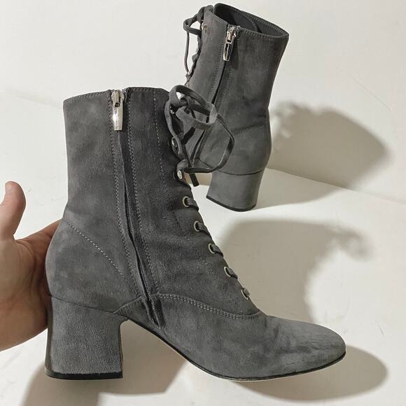 Gianvito Rossi Gray Suede Lace Up Boots Mackay Low Block Heel Ankle Zip sz 38 - Picture 4 of 13